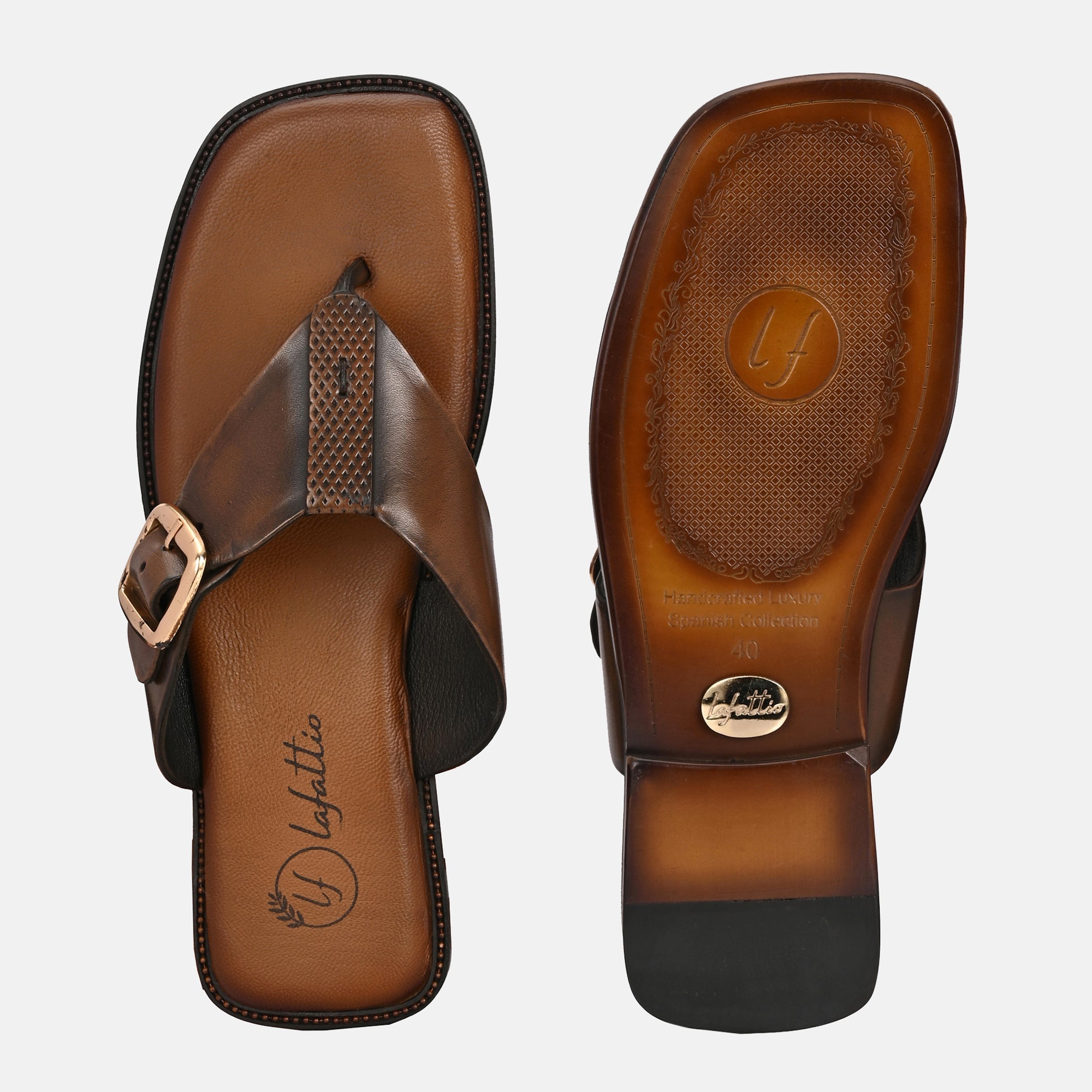 Antique Tan Buckled Slippers By Lafattio